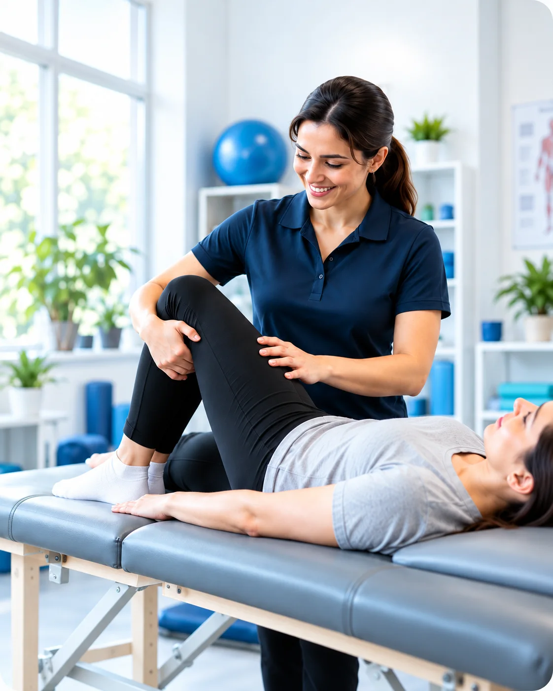 Physiotherapist guiding a patient through a knee and hip mobility exercise